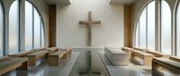 Modern minimalist chapel interior with wooden benches, concrete floor, large arched windows, and wooden cross on white wall for worship and spiritual gatherings.