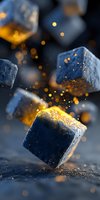 Dark blue stone cubes with golden glowing particles floating against black background, creating magical atmosphere for luxury product advertising.
