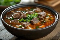 Hearty beef soup with tender meat chunks, fresh herbs, carrots and noodles in rich brown broth served in black ceramic bowl on wooden table. Asian cuisine.