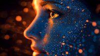 Mystical profile portrait with glowing orange light and magical blue sparkles scattered across skin, creating ethereal cosmic effect against dark background.