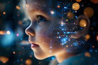 Magical child profile with glowing particles and sparkles creating ethereal cosmic effect against dark background, blue and gold bokeh lights blend into skin.