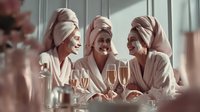 Three young women in white bathrobes and towel turbans enjoying champagne during spa day, laughing together in bright bathroom for wellness relaxation concept.