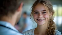Young blonde woman with bright genuine smile and casual braided hairstyle looking at conversation partner in blurred office environment.