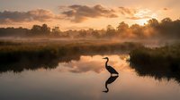 Heron silhouette standing in calm river water at golden sunrise with misty landscape and warm orange sky creating peaceful nature scene.
