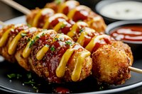 Crispy potato croquettes on skewer drizzled with mustard and barbecue sauce, garnished with fresh herbs, served with dipping sauces on black plate.