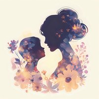 Double exposure silhouette of mother and daughter with floral elements in soft pink and purple hues creating dreamy, ethereal atmosphere.