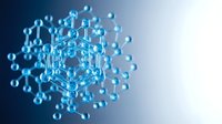 Molecular structure with interconnected atoms and bonds in blue tones on gradient background for scientific research and chemistry education materials.