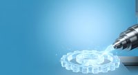 Metallic syringe needle dispensing translucent liquid forming glowing gear shape on blue background, representing innovation, technology, and medical advancement for healthcare and industrial applications.