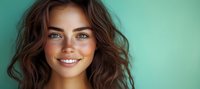 Young Caucasian woman with natural makeup, wavy brown hair and bright blue eyes smiling genuinely against mint green background. Dental and beauty concept.