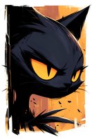 Mysterious black cat with glowing yellow eyes against orange background, dramatic close-up portrait in graphic style for Halloween designs and dark themes.