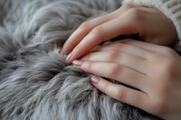 Gentle female hands with neutral manicure caressing soft grey fur texture, creating intimate and tender mood for wellness, spa, and lifestyle concepts.