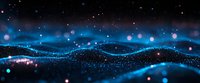 Abstract blue glowing particles wave on dark background with bokeh light effects and sparkles creating futuristic digital landscape pattern.