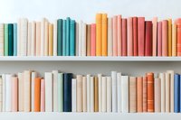 Colorful book spines arranged on white shelves creating rainbow pattern. Pastel and muted tones of hardcover books lined up in organized rows.