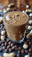 Creamy chocolate peanut smoothie in glass surrounded by coffee beans and nuts, garnished with crushed peanuts on dark background, macro food photography.