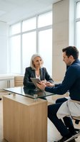 Professional mature businesswoman meeting with male colleague in modern office discussing project with tablet technology for corporate consultation.