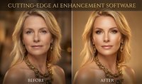Middle-aged woman with blonde wavy hair and fair complexion, wearing gold jewelry, shown in before and after portrait comparison demonstrating AI facial enhancement and skin retouching technology.