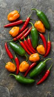 Colorful assortment of fresh hot chili peppers including red cayenne, green jalapeno and orange habanero varieties arranged on rustic stone surface for cooking.