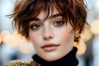 Young woman with fair complexion, brown eyes, and short wavy brown hair with bangs, wearing black turtleneck, posed against blurred bokeh background for portrait use.