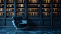 Luxurious blue velvet armchair against classic built-in bookshelves illuminated by warm lighting, creating moody atmosphere in elegant home library interior.