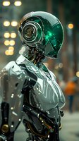 Futuristic robot with sleek green transparent helmet and metallic silver body against blurred city lights background.