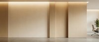 Modern minimalist office interior with warm beige walls, ambient lighting and clean geometric design for contemporary workspace environments.