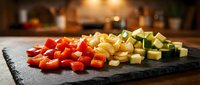 Fresh diced vegetables on slate board in modern kitchen. Colorful red bell peppers, onions and zucchini cubes ready for cooking healthy meals and recipes.