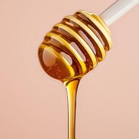 Golden honey dripping from white dipper against pink background, showing viscous texture and natural amber color flow in close-up macro photography.