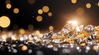Luxury diamonds and gold jewelry pieces with sparkling bokeh lights on dark background, creating elegant atmosphere for jewelry advertising.