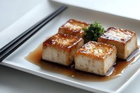 Grilled tofu blocks with teriyaki glaze served on white plate with chopsticks, garnished with parsley for Asian cuisine and vegetarian cooking.