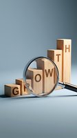 Wooden blocks spelling GROWTH with magnifying glass examining progress concept for business development and success analysis on neutral background.