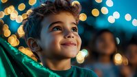 Young middle eastern boy smiling with wonder and joy while looking up at holiday lights, bokeh background creates magical atmosphere, candid emotional moment.