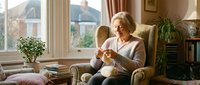 Senior Caucasian woman knitting in cozy living room armchair by window with natural light, peaceful domestic hobby scene for retirement lifestyle content.