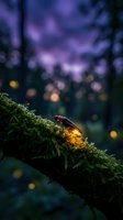 Glowing firefly on moss-covered branch in enchanted forest with purple twilight sky and bokeh lights creating magical atmosphere for nature photography.