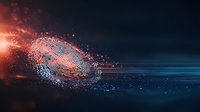 Digital fingerprint scan with glowing particles on dark blue background, representing biometric security technology for identity verification.