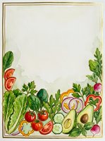 Watercolor vegetable border frame with fresh produce including tomatoes, lettuce, avocado, and bell peppers arranged on cream background, isolated and ready for menu design.