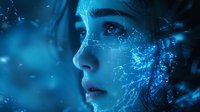 Young Asian woman profile in blue digital environment with glowing network patterns and particles, representing artificial intelligence and technology advancement.