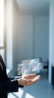 Businessman hand presenting holographic digital interface with colorful data visualization and analytics dashboard in modern office environment.