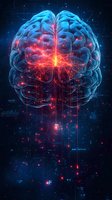 Digital brain with glowing neural networks and data streams on dark tech background for artificial intelligence and neuroscience concepts.