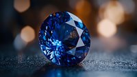 Brilliant round cut blue sapphire gemstone on dark glittering surface with soft bokeh background creates luxury jewelry atmosphere. Perfect for fine jewelry design.