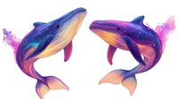 Majestic whales in cosmic purple and blue hues with watercolor splashes, floating gracefully against white background. Isolated design elements for creative projects.