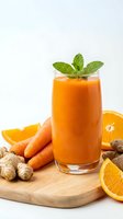 Fresh carrot orange ginger smoothie with mint garnish on wooden board, healthy detox juice drink for wellness and nutrition lifestyle.
