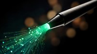 Precision tweezers extracting glowing green digital data from circuit board with binary code streams. Technology repair and data recovery concept for tech industry.