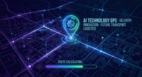 Futuristic GPS navigation interface with glowing network connections and route calculation display for logistics and transportation technology applications.