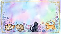 Watercolor cats border frame with pastel rainbow background, floral elements and paw prints for greeting cards, invitations and decorative designs.