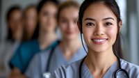 Young Asian female medical professional in scrubs with stethoscope smiling warmly at camera, with diverse healthcare team members blurred in background. Healthcare setting.