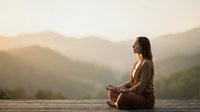 Young woman meditating in lotus position on wooden deck overlooking misty mountain landscape at golden hour sunrise, practicing mindfulness and yoga outdoors.