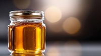 Golden honey in glass jar with metal lid against blurred bokeh background, showcasing natural sweetener's amber transparency.