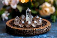 Clear quartz crystal points and raw stones arranged on decorative wooden plate with carved pattern against blurred floral background and bokeh lights.