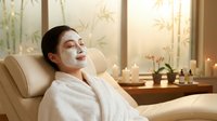 Young Asian woman relaxing with facial mask in luxury spa setting with candles and bamboo plants. Skincare wellness beauty treatment concept.