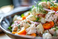 Fresh potato salad with dill, carrots and herbs in bowl. Healthy homemade side dish for summer barbecue, picnic or family dinner gathering.